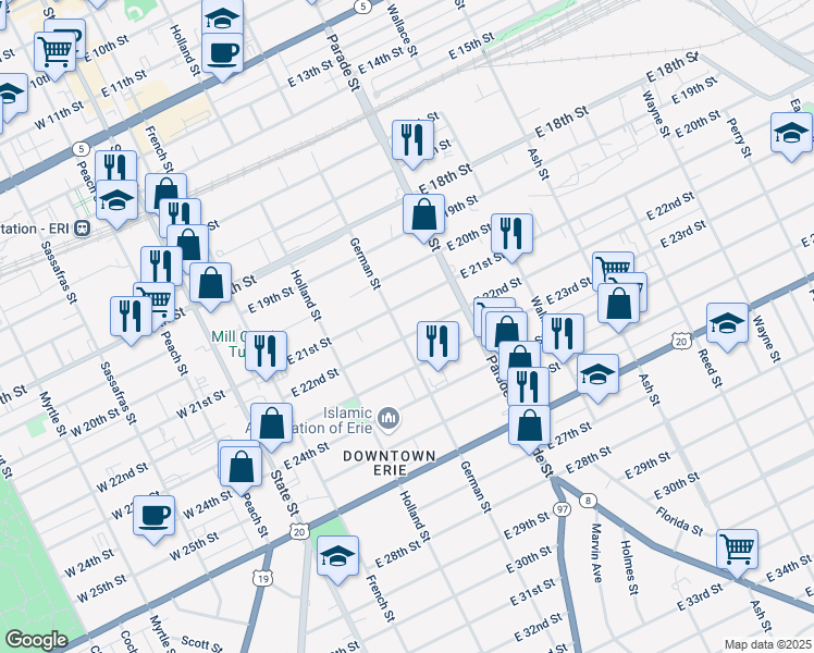 map of restaurants, bars, coffee shops, grocery stores, and more near 300-316 East 21st Street in Erie