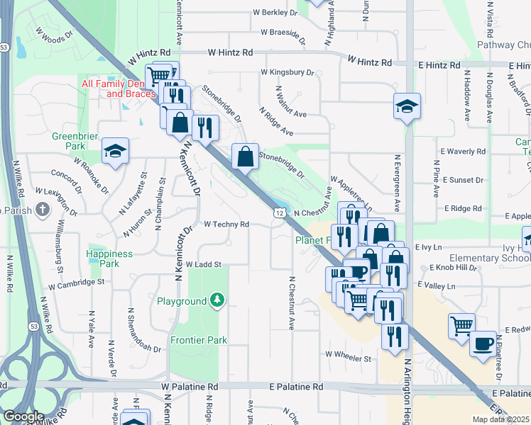 map of restaurants, bars, coffee shops, grocery stores, and more near 515 West Rand Road in Arlington Heights