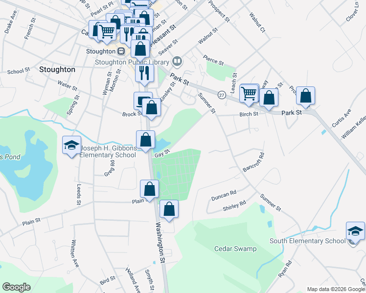 map of restaurants, bars, coffee shops, grocery stores, and more near 75 Gay Street in Stoughton