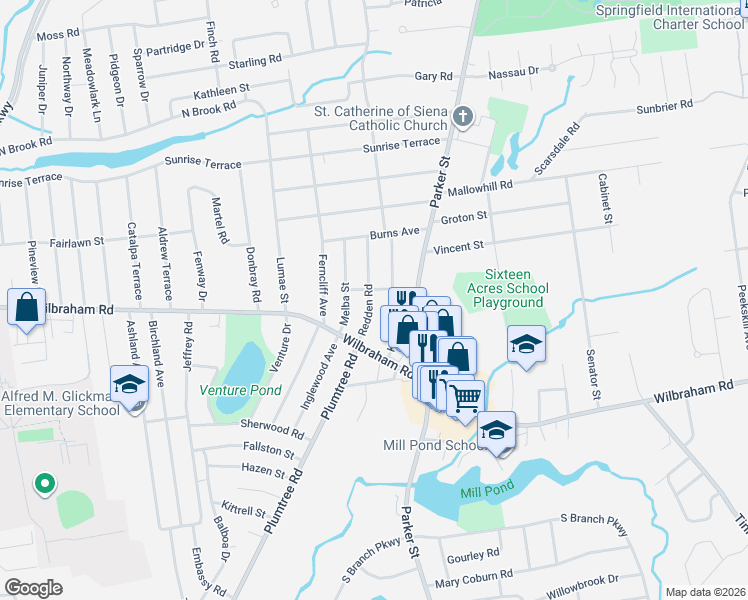 map of restaurants, bars, coffee shops, grocery stores, and more near 70 Redden Road in Springfield