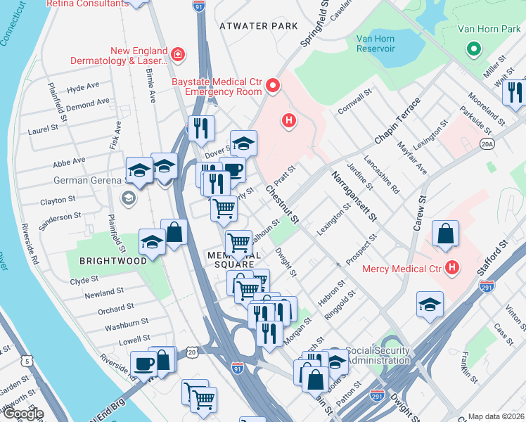 map of restaurants, bars, coffee shops, grocery stores, and more near 82 Alexander Street in Springfield