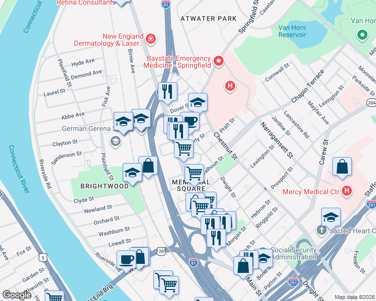 map of restaurants, bars, coffee shops, grocery stores, and more near in Springfield