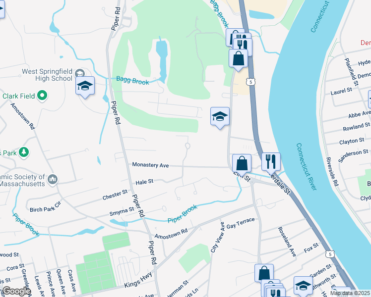 map of restaurants, bars, coffee shops, grocery stores, and more near 110 Monastery Ave in West Springfield