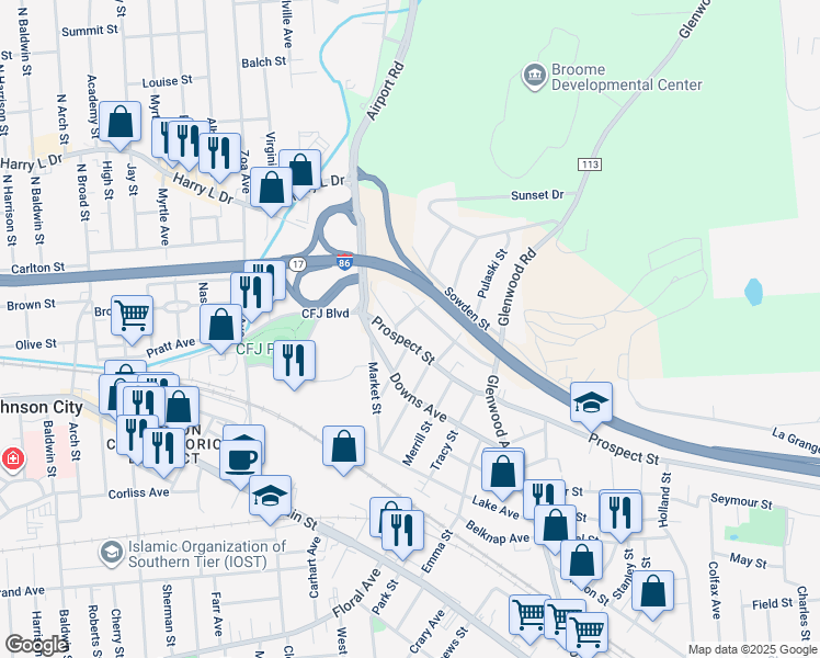 map of restaurants, bars, coffee shops, grocery stores, and more near 46 Adams Street in Binghamton