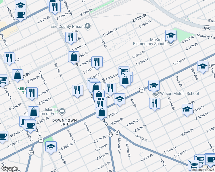 map of restaurants, bars, coffee shops, grocery stores, and more near 507 East 23rd Street in Erie