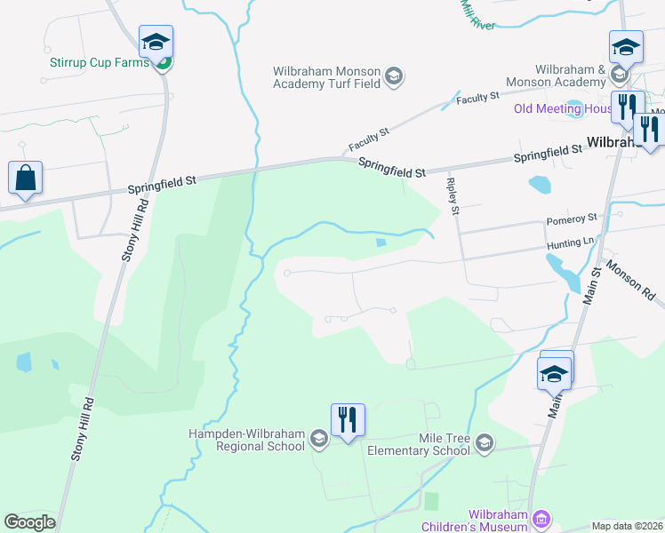 map of restaurants, bars, coffee shops, grocery stores, and more near 19 Bittersweet Lane in Wilbraham