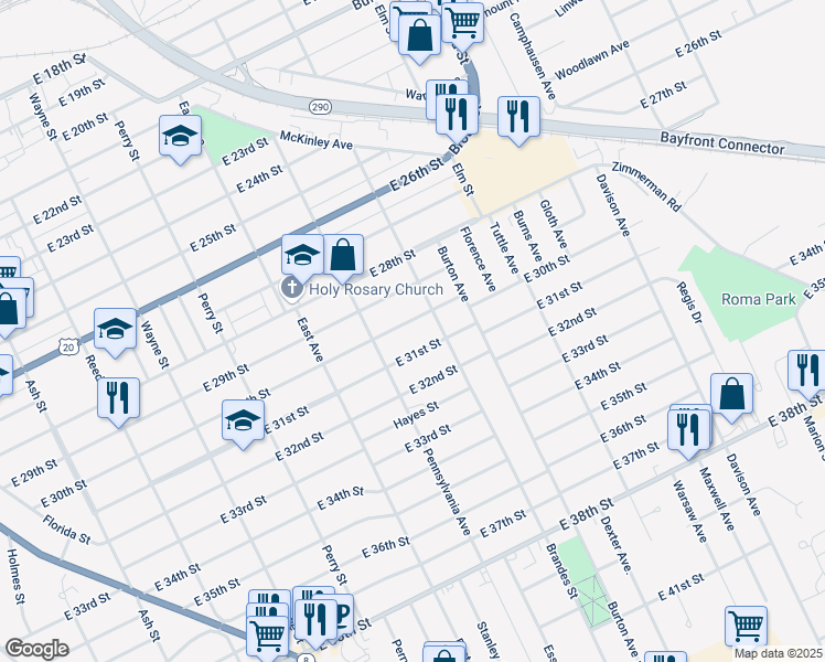 map of restaurants, bars, coffee shops, grocery stores, and more near 1137 East 30th Street in Erie