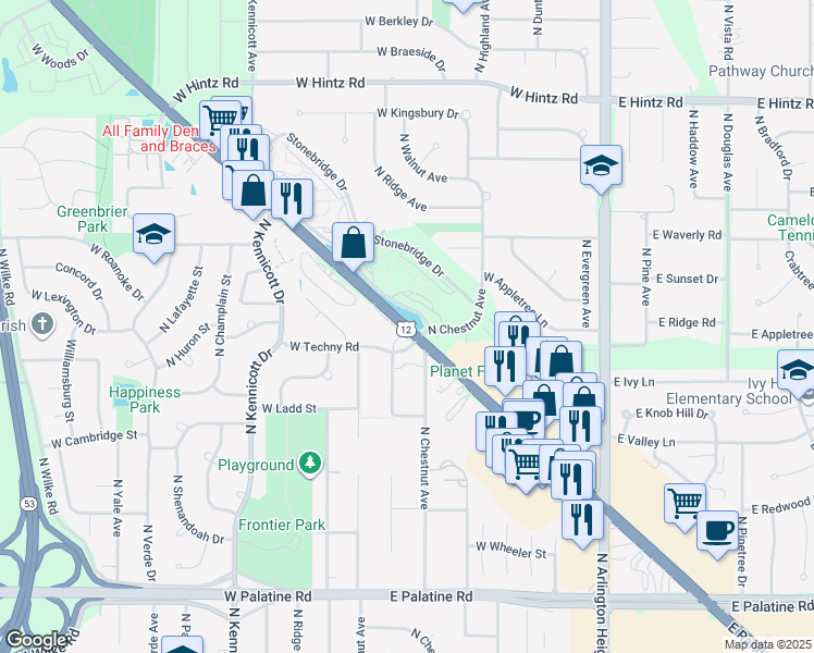 map of restaurants, bars, coffee shops, grocery stores, and more near 442 West Rand Road in Arlington Heights