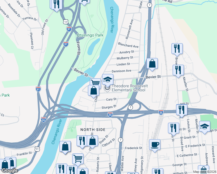 map of restaurants, bars, coffee shops, grocery stores, and more near 9 Ogden Street in Binghamton
