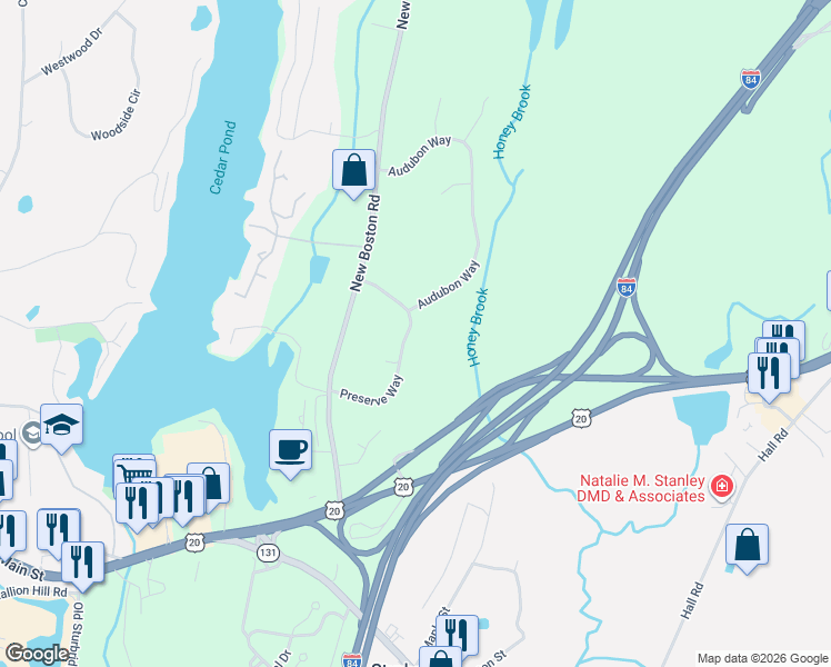 map of restaurants, bars, coffee shops, grocery stores, and more near 19 Preserve Way in Sturbridge