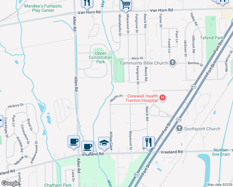 map of restaurants, bars, coffee shops, grocery stores, and more near 18788 Martin Place in Woodhaven