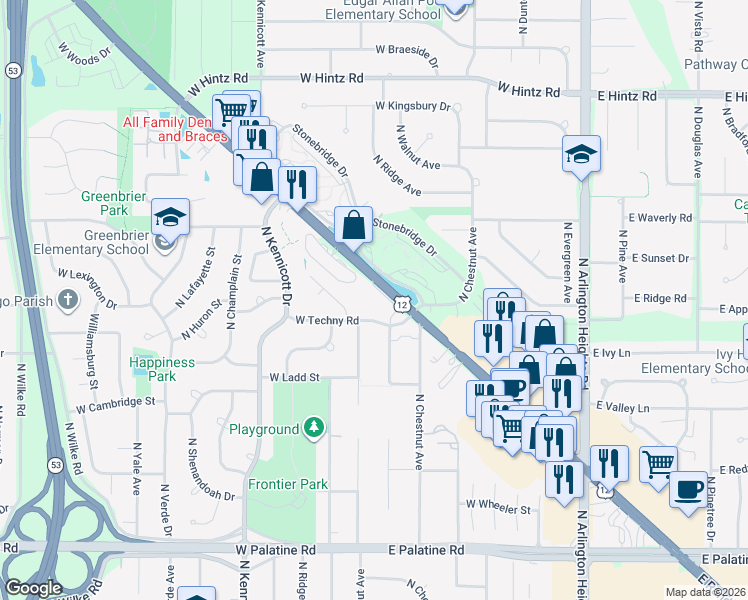 map of restaurants, bars, coffee shops, grocery stores, and more near 511 U.S. 12 in Arlington Heights