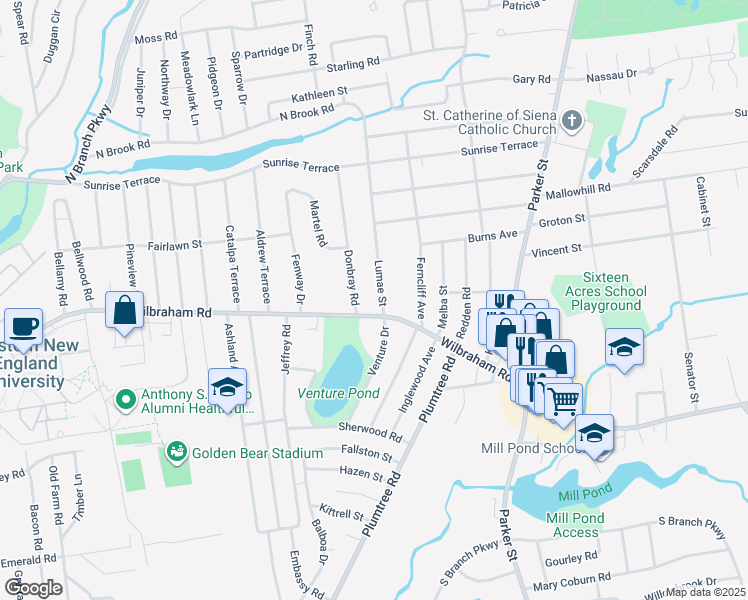 map of restaurants, bars, coffee shops, grocery stores, and more near 29 Donbray Road in Springfield