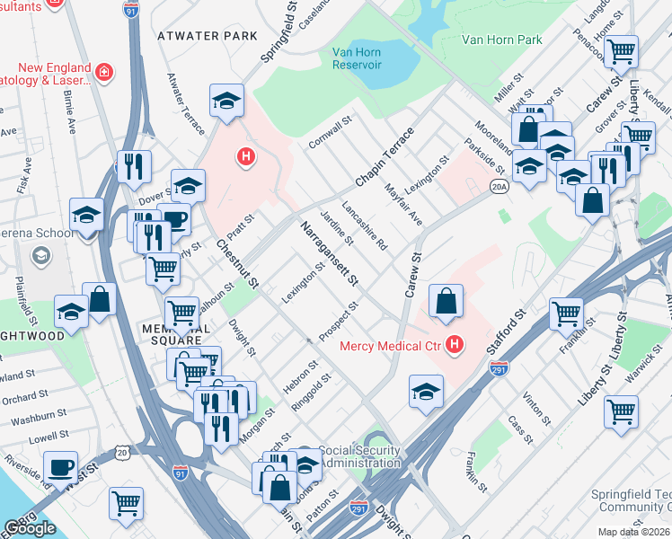 map of restaurants, bars, coffee shops, grocery stores, and more near 57 Narragansett Street in Springfield
