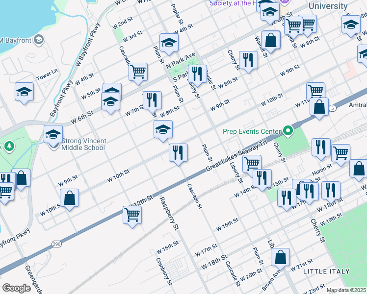 map of restaurants, bars, coffee shops, grocery stores, and more near 952 West 10th Street in Erie