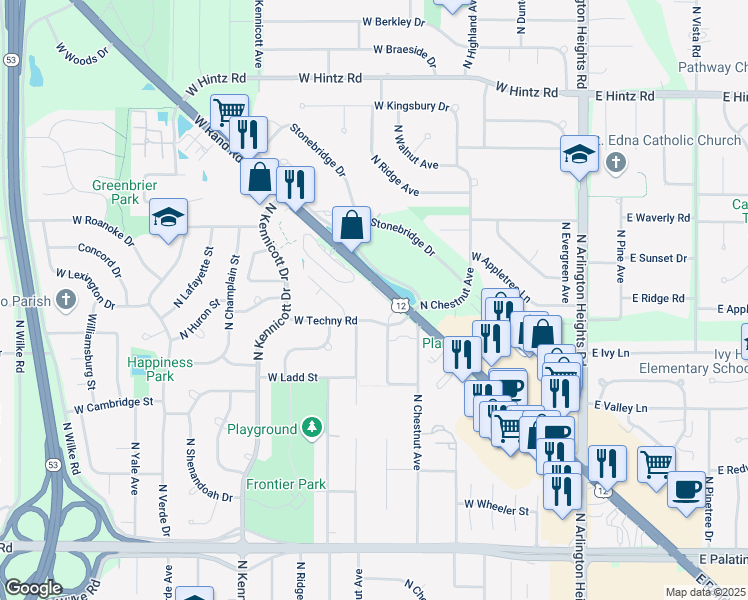 map of restaurants, bars, coffee shops, grocery stores, and more near 511 U.S. 12 in Arlington Heights