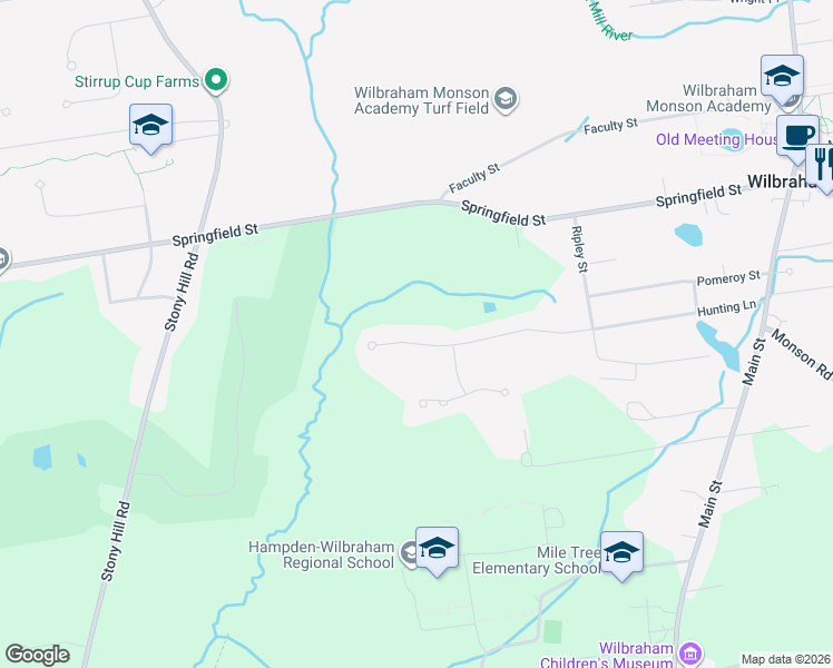 map of restaurants, bars, coffee shops, grocery stores, and more near 19 Bittersweet Lane in Wilbraham