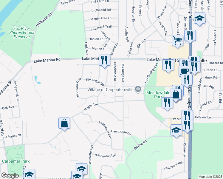map of restaurants, bars, coffee shops, grocery stores, and more near 1225 Brookdale Drive in Carpentersville