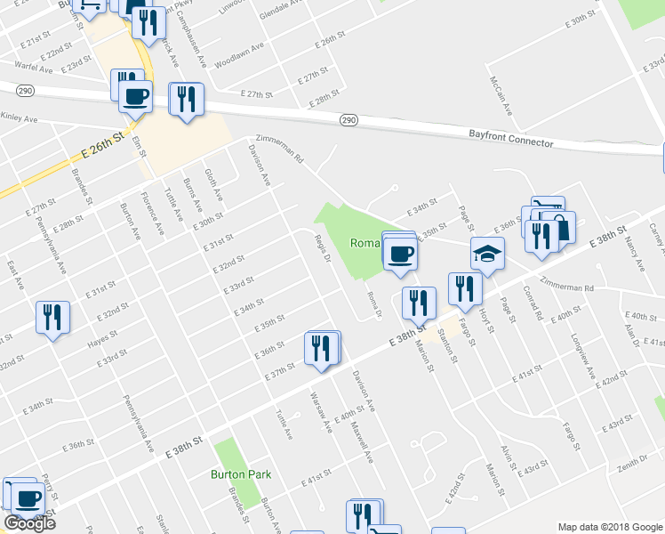 map of restaurants, bars, coffee shops, grocery stores, and more near 3498 Regis Drive in Erie