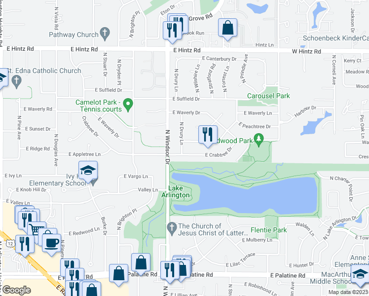 map of restaurants, bars, coffee shops, grocery stores, and more near 2311 North Drury Lane in Arlington Heights