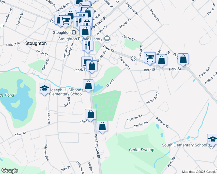 map of restaurants, bars, coffee shops, grocery stores, and more near 125 Gay Street in Stoughton