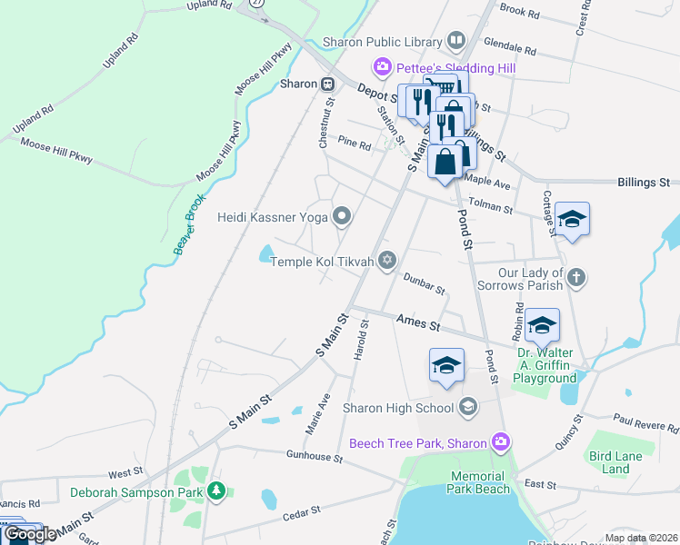 map of restaurants, bars, coffee shops, grocery stores, and more near 22 Oakland Road in Sharon