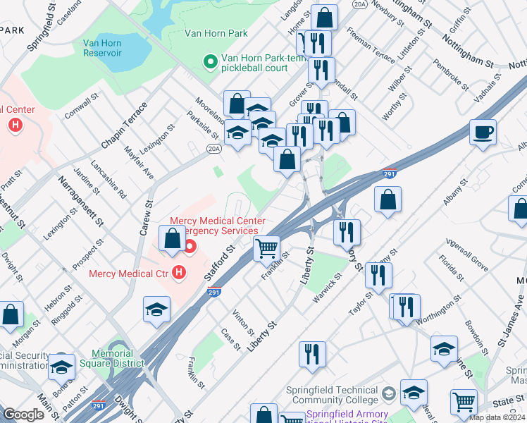 map of restaurants, bars, coffee shops, grocery stores, and more near 45 Wolcott Street in Springfield