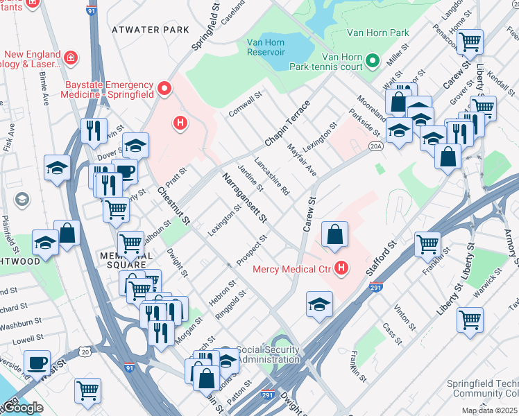 map of restaurants, bars, coffee shops, grocery stores, and more near 57 Narragansett Street in Springfield