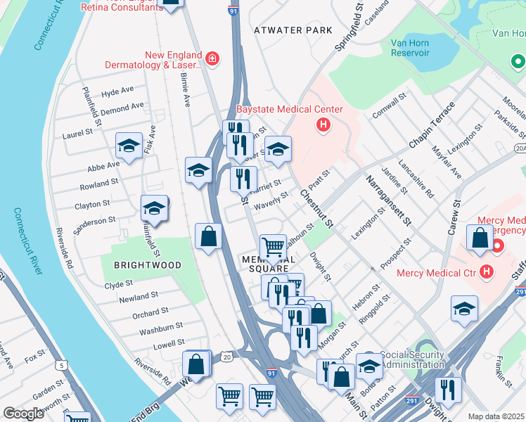 map of restaurants, bars, coffee shops, grocery stores, and more near 440 Waverly Street in Springfield