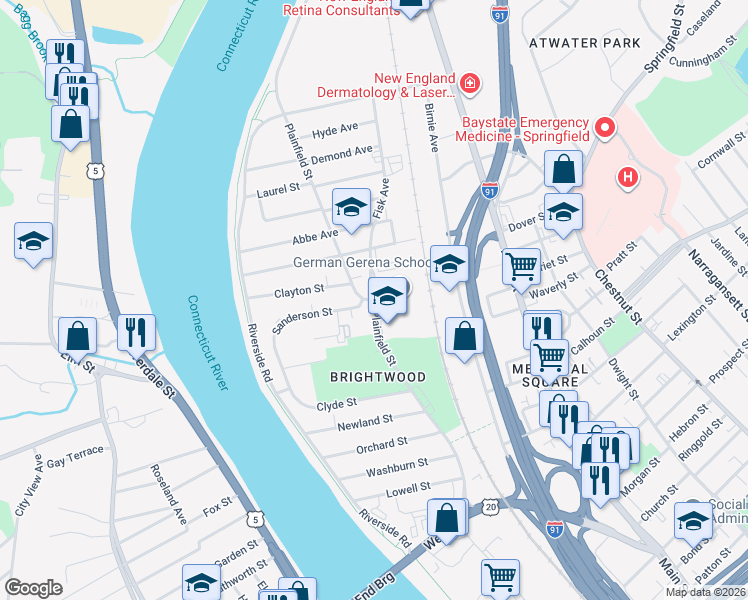map of restaurants, bars, coffee shops, grocery stores, and more near 380 Plainfield Street in Springfield
