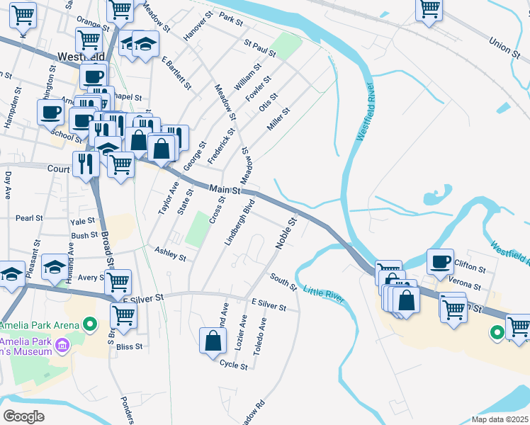 map of restaurants, bars, coffee shops, grocery stores, and more near 153 Main Street in Westfield