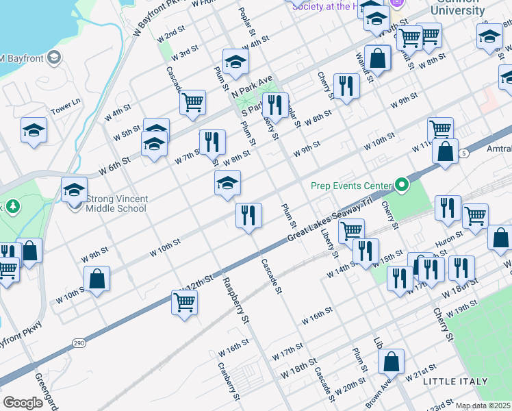 map of restaurants, bars, coffee shops, grocery stores, and more near 952 West 10th Street in Erie