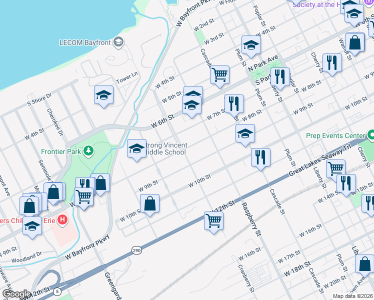 map of restaurants, bars, coffee shops, grocery stores, and more near 1154 West 8th Street in Erie