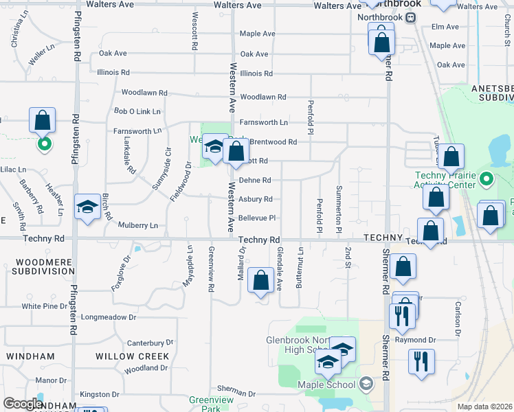 map of restaurants, bars, coffee shops, grocery stores, and more near 2300 Asbury Road in Northbrook