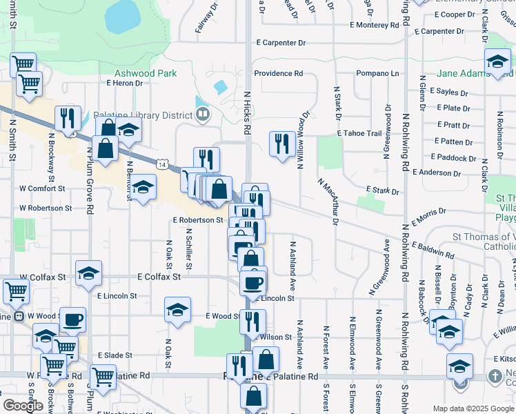 map of restaurants, bars, coffee shops, grocery stores, and more near 435 North Hicks Road in Palatine
