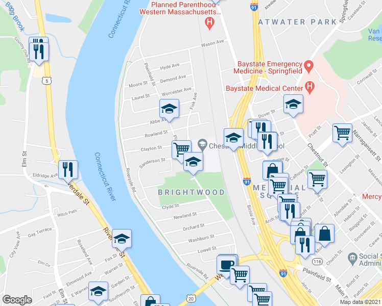 map of restaurants, bars, coffee shops, grocery stores, and more near Plainfield Street in Springfield