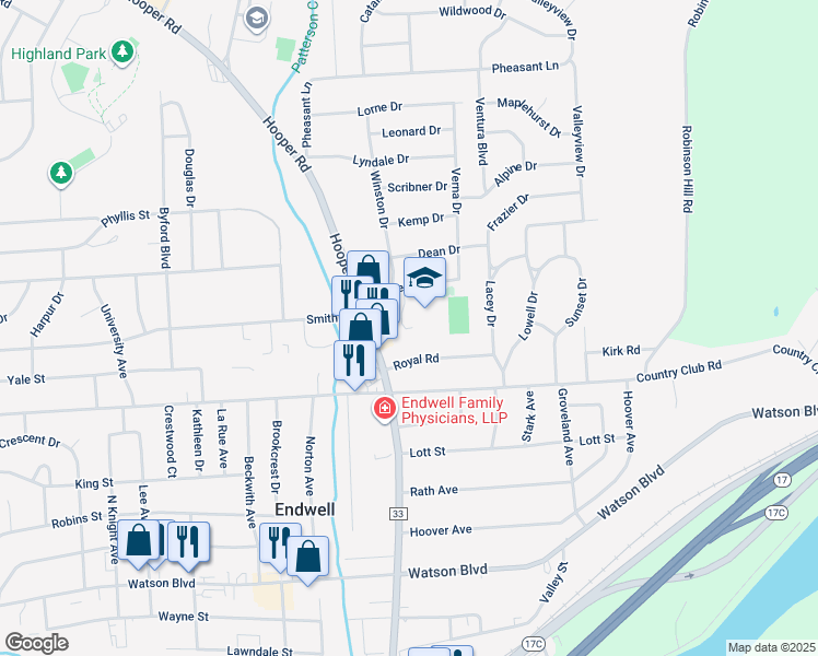 map of restaurants, bars, coffee shops, grocery stores, and more near 3615 Briar Ln in Endwell