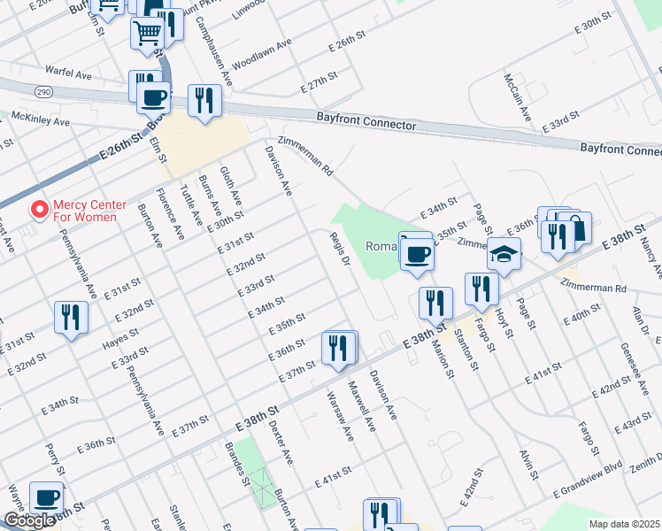 map of restaurants, bars, coffee shops, grocery stores, and more near 3301 Davison Ave in Erie