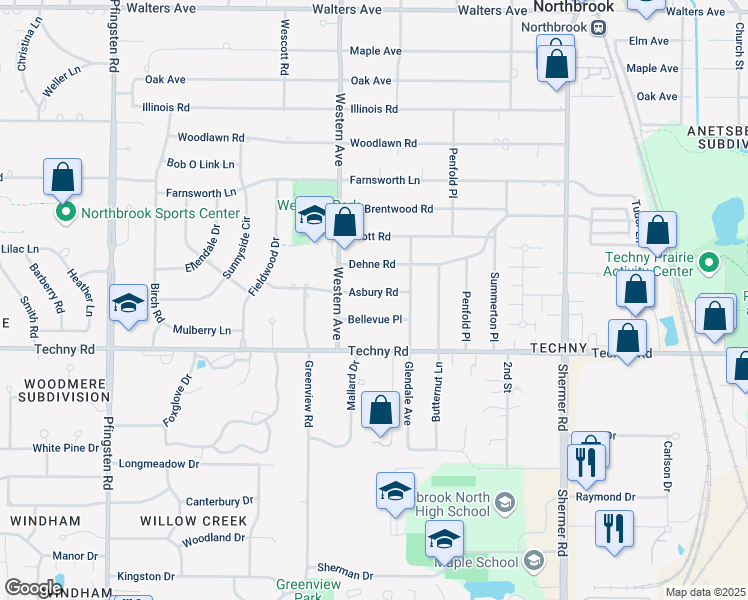 map of restaurants, bars, coffee shops, grocery stores, and more near 2300 Asbury Road in Northbrook