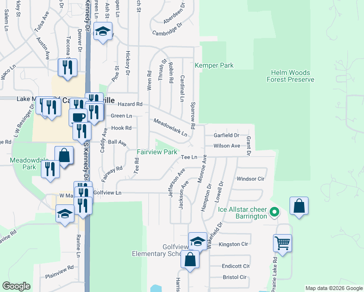 map of restaurants, bars, coffee shops, grocery stores, and more near 24 Sparrow Road in Carpentersville