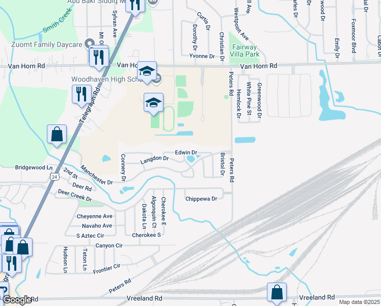 map of restaurants, bars, coffee shops, grocery stores, and more near Cambridge in Brownstown Charter Township