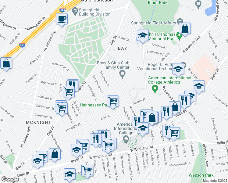 map of restaurants, bars, coffee shops, grocery stores, and more near 182 Maynard Street in Springfield
