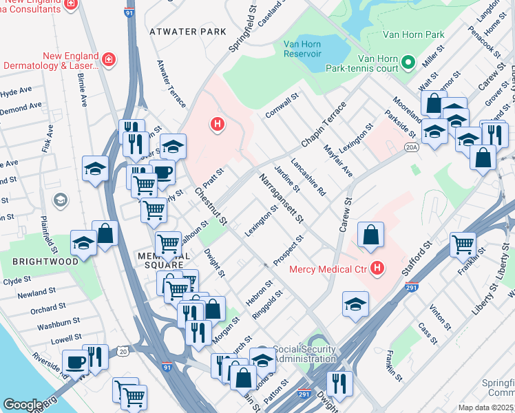 map of restaurants, bars, coffee shops, grocery stores, and more near 175 Massasoit Street in Springfield