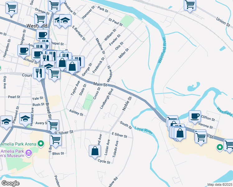 map of restaurants, bars, coffee shops, grocery stores, and more near 153 Main Street in Westfield
