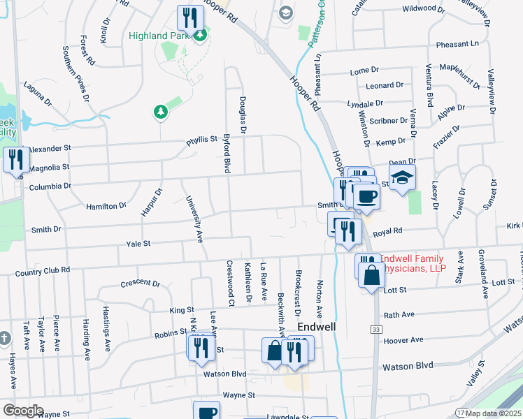 map of restaurants, bars, coffee shops, grocery stores, and more near 3525 Smith Drive in Endicott