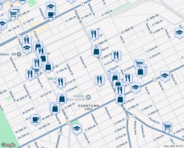 map of restaurants, bars, coffee shops, grocery stores, and more near 300-316 East 21st Street in Erie