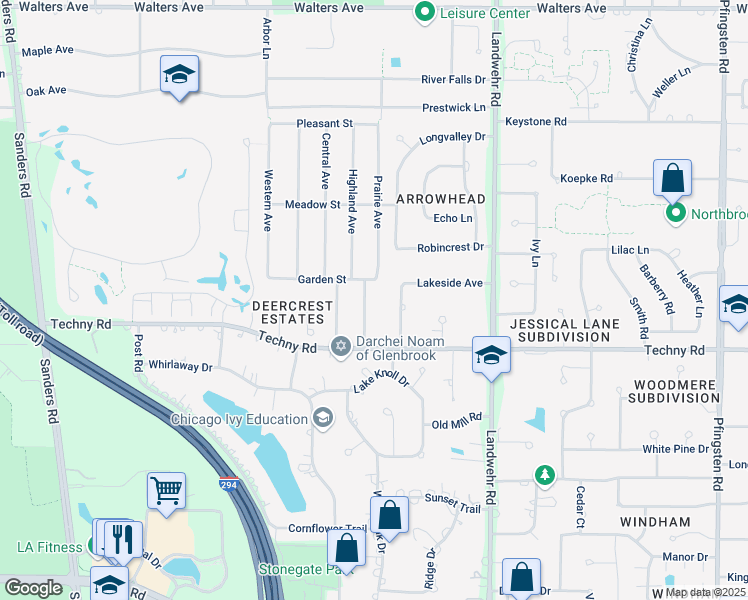 map of restaurants, bars, coffee shops, grocery stores, and more near 1901 Highland Avenue in Northbrook