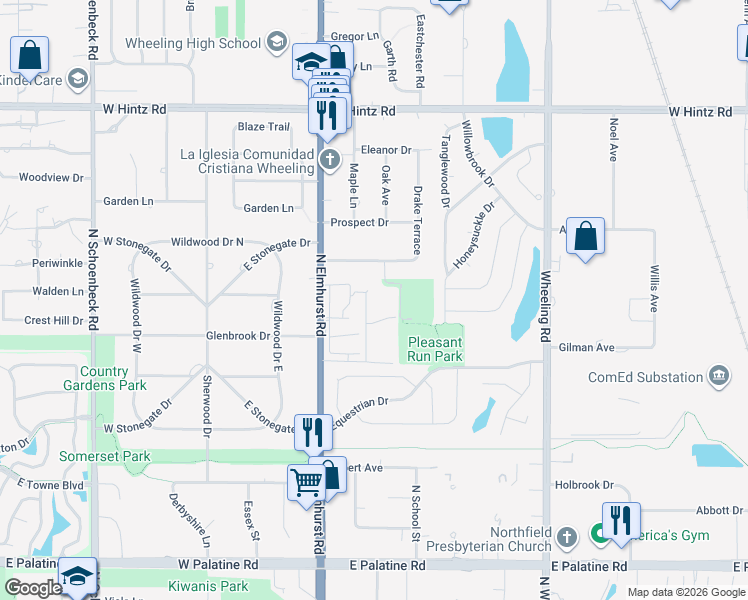 map of restaurants, bars, coffee shops, grocery stores, and more near 1101 Pleasant Run Drive in Wheeling