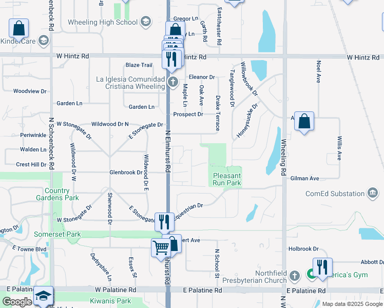 map of restaurants, bars, coffee shops, grocery stores, and more near 1101 Pleasant Run Drive in Wheeling