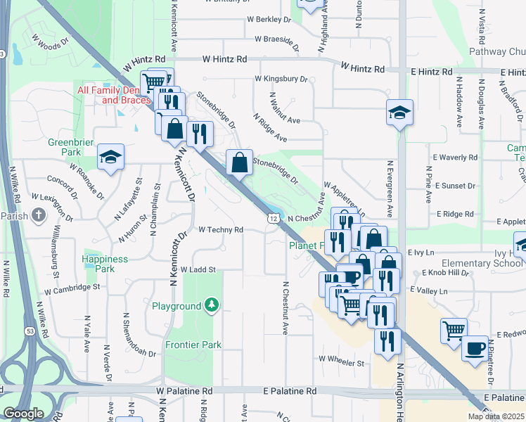 map of restaurants, bars, coffee shops, grocery stores, and more near 442 West Rand Road in Arlington Heights